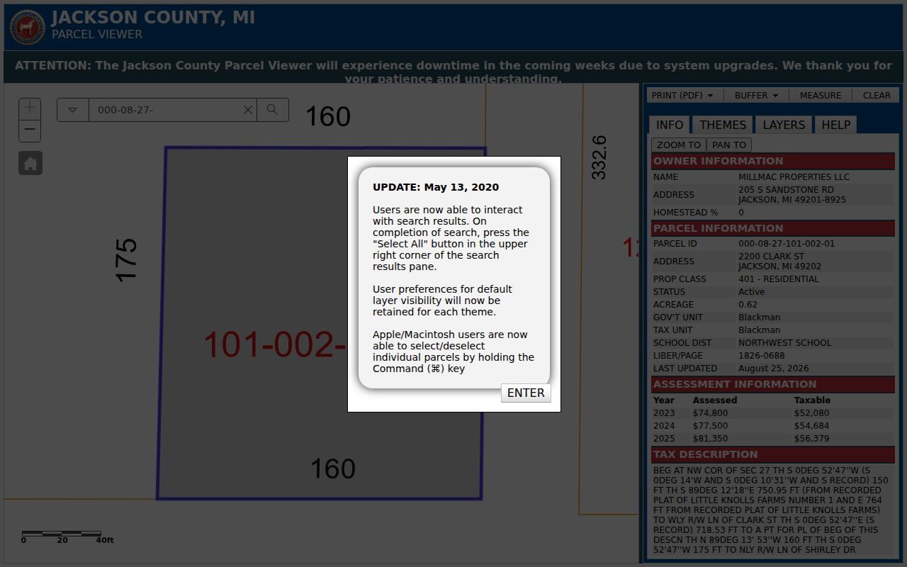 Blackman Township neighbors Jackson County Parcel Viewer selected parcel controls