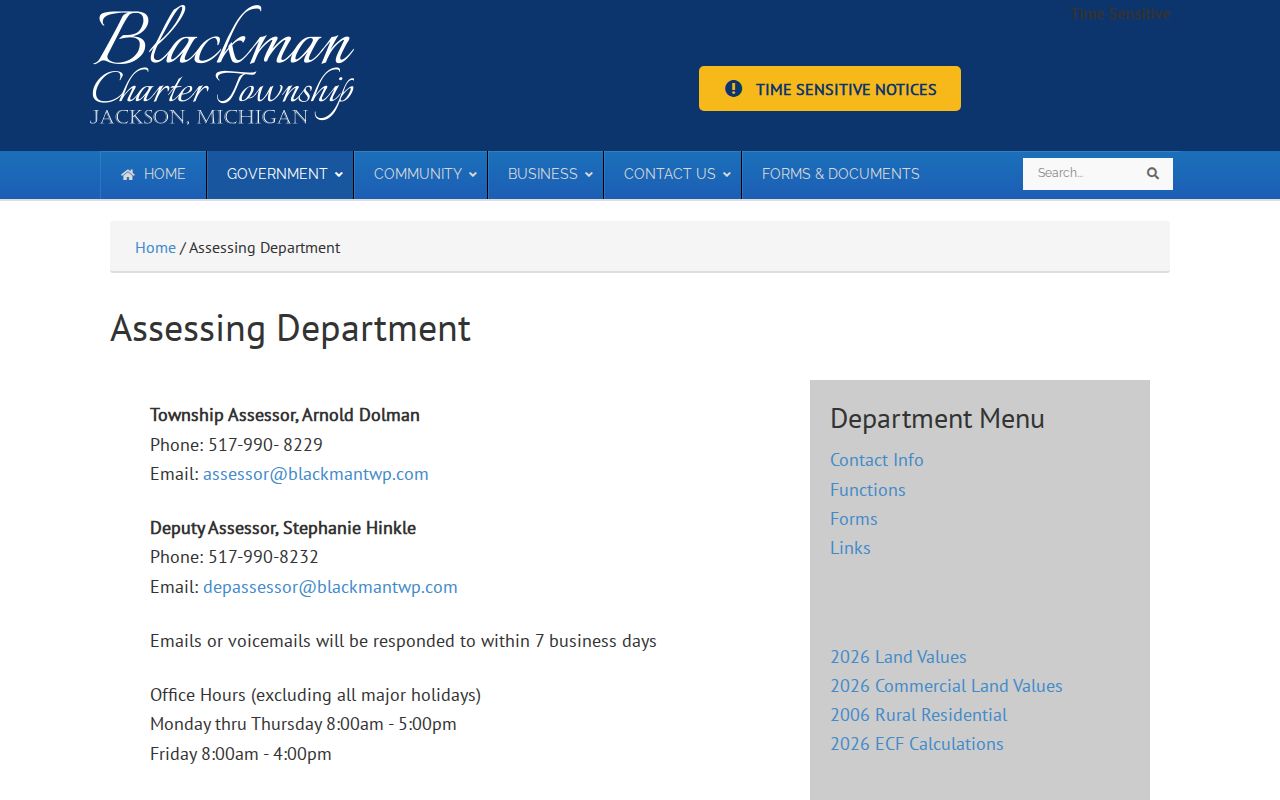 Blackman Township street directory assessment records at the township assessing department
